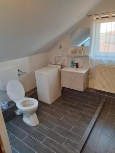 a bathroom with a toilet and a sink at Gabi vendégház in Balatonkeresztúr