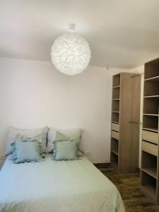a bedroom with a large white bed with blue pillows at Jolie Appartement Rez de jardin in Pégomas