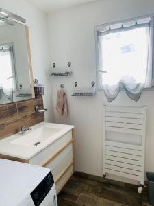 a bathroom with a sink and a mirror and a window at Jolie Appartement Rez de jardin in Pégomas