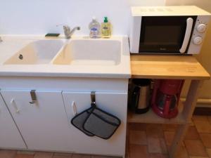 a kitchen counter with a sink and a microwave at Studio proche zoo de la Flèche in La Flèche