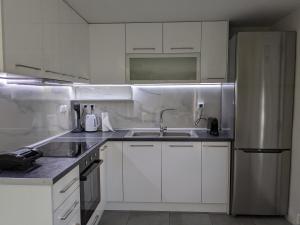cocina con armarios blancos y nevera de acero inoxidable en Ethos Apartment 2, en Nea Peramos