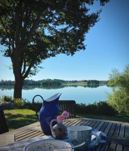 einen blauen Krug und eine Tasse auf einem Tisch mit Seeblick in der Unterkunft Private lakefront property in Söderköping