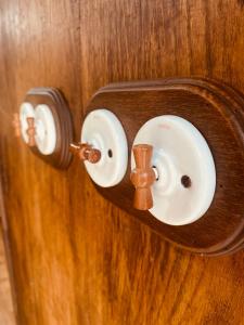 un interruptor de madera con dos perillas en una pared de madera en Casa da Costa de Sueiro, 