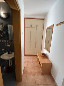 ein Badezimmer mit einem Waschbecken, einem Spiegel und einer Theke in der Unterkunft Milinovic apartmani1 in Herceg-Novi
