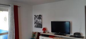 a flat screen tv sitting on a shelf in a room at Palmer F3 Vue panoramique sur la Mer et Jardin 1 à 4 personnes in Saint-Pierre