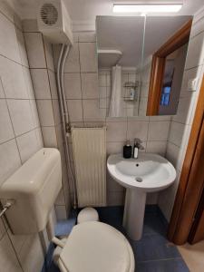 małą łazienkę z toaletą i umywalką w obiekcie Skg Cozy Apartment w Salonikach