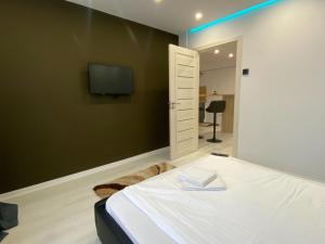 a bedroom with a bed and a flat screen tv at Rozalia Apartman in Odorheiu Secuiesc