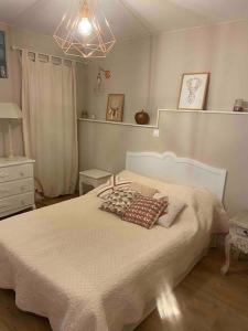 een slaapkamer met een wit bed met 2 kussens erop bij Bas de villa T3 sur santa maria di lota in Santa-Maria-di-Lota