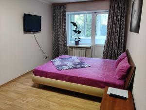 een slaapkamer met een paars bed en een raam bij Apartment on Victora Yarmoly in Kiev