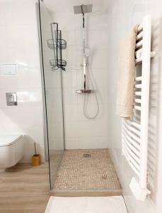 a shower with a glass door in a bathroom at Appartement bord de mer « La Petite Ma-Line » in Cagnes-sur-Mer
