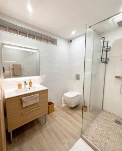 a bathroom with a shower and a sink and a toilet at Appartement bord de mer « La Petite Ma-Line » in Cagnes-sur-Mer