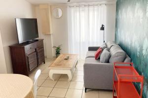 uma sala de estar com um sofá cinzento e uma televisão em Appartement T2 cosy em La Rochelle