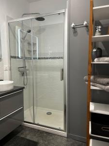 a shower with a glass door in a bathroom at LE WELCOME vue port appartement plain pied in Fécamp