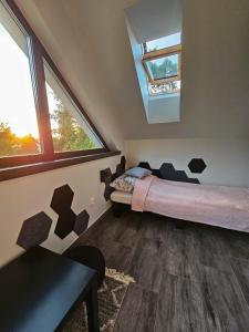 1 dormitorio con 1 cama en una habitación con ventanas en Cienista Dolina 