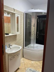 y baño con lavabo blanco y ducha. en Vila Vio 2 camere independente, en Eforie Nord