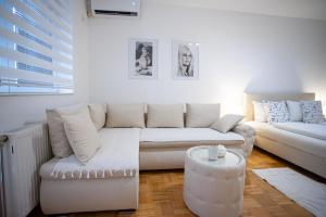 uma sala de estar com um sofá e uma mesa em Apartman Elle em Sombor