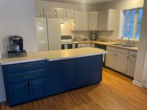 una cocina con una isla azul en el medio en Kellogg Haus, 