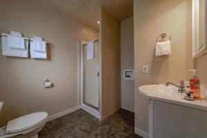 a bathroom with a toilet and a sink and a shower at Elk Meadow Cabins 13B Bears Den - Single Room in Orick