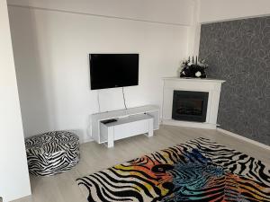ein Wohnzimmer mit einem TV und einem Kamin in der Unterkunft Panoramic M&M apartment in Suceava