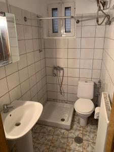 uma casa de banho com um chuveiro, um WC e um lavatório. em Vasilis home apartment 