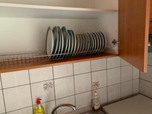 uma cozinha com pratos numa prateleira acima de um lavatório em Vasilis home apartment 