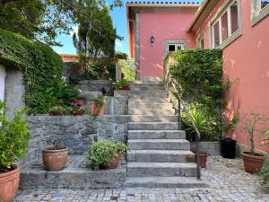 um conjunto de escadas em frente a uma casa rosa em Solar do Conde em Paredes de Coura