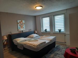 a bedroom with a large bed and two windows at Hotel Gambrinus in Pachten