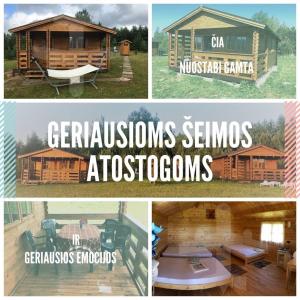 un collage de cuatro fotos de una cabaña de madera en Šeimos Namelis Adomo Sodyboje prie ežero 35 km nuo Vilniaus šalia Dubingių, 