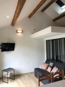 a living room with a couch and a tv at Gite La Barthe Basse in Le Pont-de-Montvert