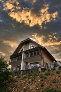 um edifício no topo de uma colina com um céu nublado em Villa Montana Zaovine em Bajina Bašta