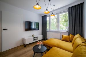 salon z żółtą kanapą i telewizorem w obiekcie Apartament Alpaka 1 w Lidzbarku Warmińskim