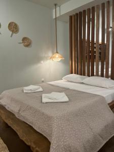 twee bedden in een kamer met twee handdoeken erop bij Elia’s Guest House in Paralia Saranti