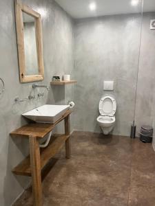 een badkamer met een wastafel en een toilet bij Elia’s Guest House in Paralia Saranti
