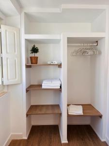 een inloopkast met planken en een potplant bij The Bird House in Nazaré +66 foto's