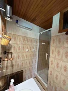 bagno con doccia e lavandino bianco di Maison familiale a Saint-Pierre-dels-Forcats