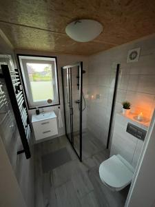 a bathroom with a shower and a toilet and a sink at Domki całoroczne STAWIK in Wodnica