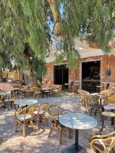 a group of tables and chairs under a tree at Elia’s Guest House in Paralia Saranti