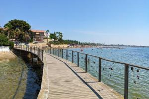 una passerella di legno che conduce a una spiaggia con anatre in acqua di Apartamento Sol y Mar a Sant Carles de la Ràpita