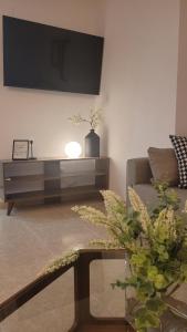 a living room with a couch and a tv at Apartamento Sol y Mar in Sant Carles de la Ràpita
