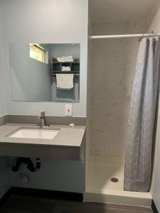 La salle de bains est pourvue d'un lavabo et d'une douche. dans l'établissement Travel Inn Gilroy, à Gilroy