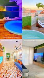 un collage de tres fotos de una habitación en Coberturas ou apartamentos 1min da praia do recreio com Vista Mar, en Río de Janeiro