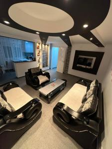 ein Wohnzimmer mit schwarzen Stühlen und einem Sofa in der Unterkunft ANGELIKATOS in Golubac