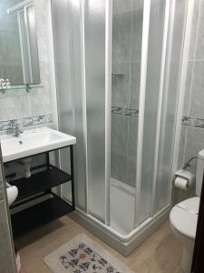 a bathroom with a shower and a sink and a toilet at Airiños do Mar in Areas +61 photos