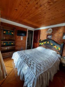1 dormitorio con 1 cama grande y techo de madera en Villa Monica, en Montenegro