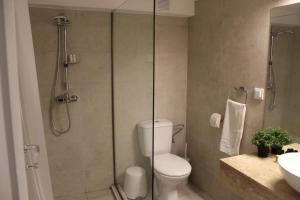 a bathroom with a shower and a toilet and a sink at Apartment Sneshka in Ohrid