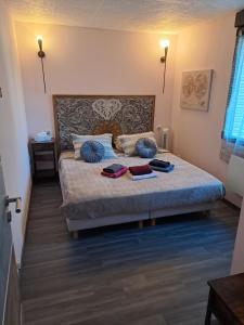 a bedroom with a large bed with blue pillows at Drissia&Othman in Carcassonne