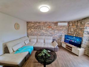 sala de estar con sofá y TV de pantalla plana en Istrian APP House MARGARITA en Vilanija