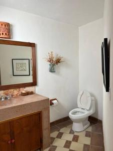 La salle de bains est pourvue de toilettes, d'un lavabo et d'un miroir. dans l'établissement Hermosa Casa en Club de Golf San Miguel de Allende, à San Miguel de Allende