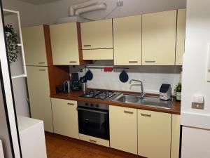una pequeña cocina con armarios blancos y fregadero en Bethel House, en Gardone Riviera