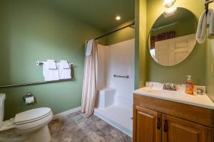 a bathroom with a toilet and a sink and a mirror at Elk Meadow Cabins 19B Johnny Redwood - Single Room in Orick